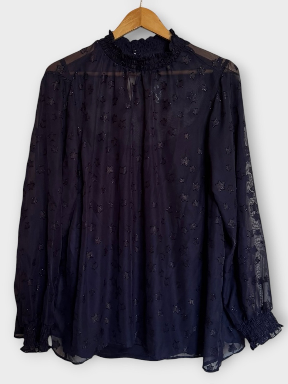 Torrid Navy Blue Metallic Star Sheer Blouse Smocked High Neck Plus Size 2